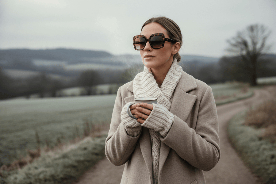 Lifestyle image showing sunglasses worn in winter for UV protection – Burghley & Co
