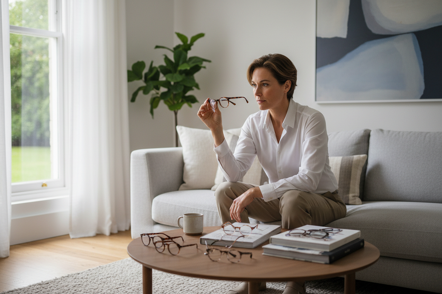 Lifestyle image representing buying designer glasses at home in the UK – Burghley & Co