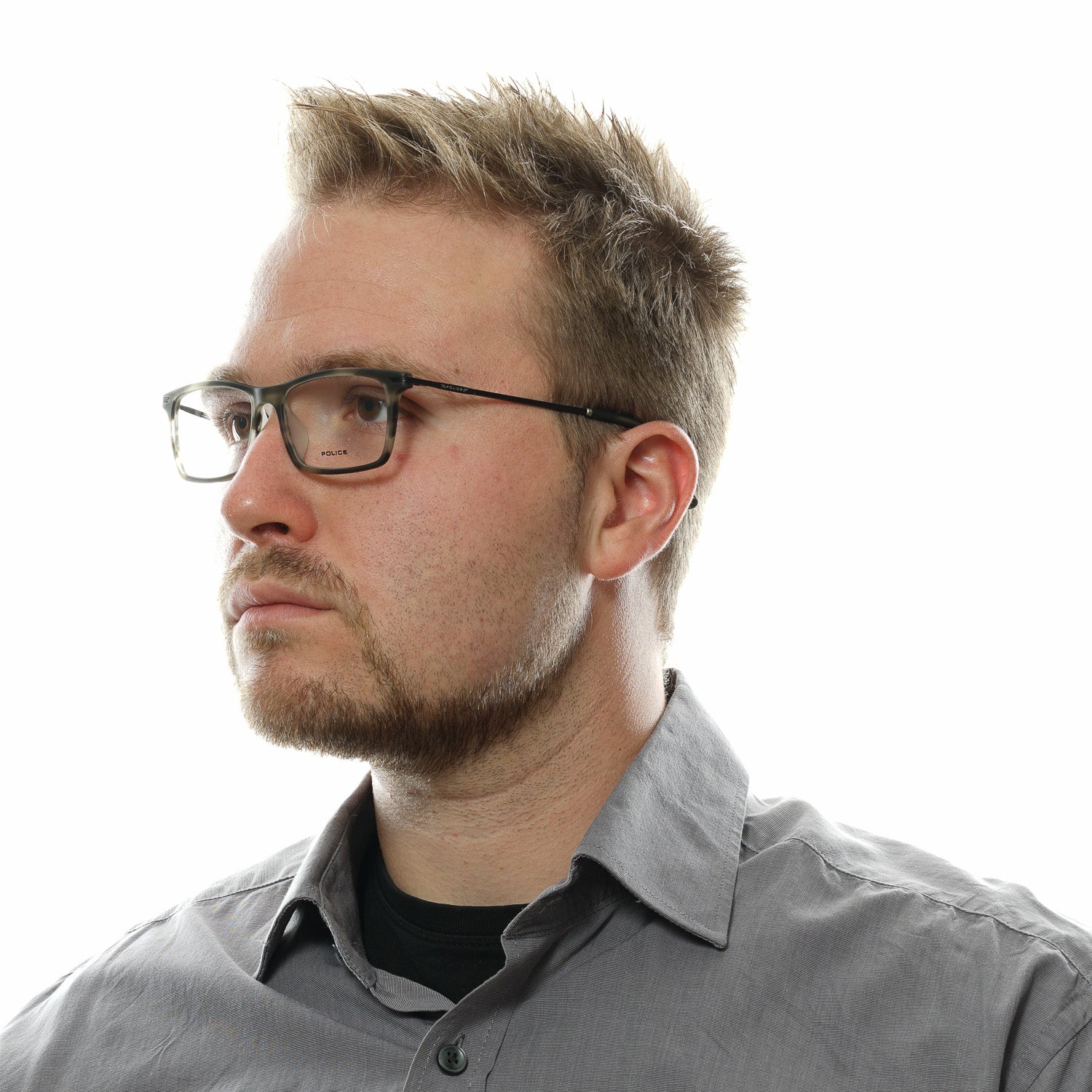 Police glasses in Grey with Metal frame, model Police Optical Frames PL473 524ATM, from Burghley & Co – Luxury eyewear UK