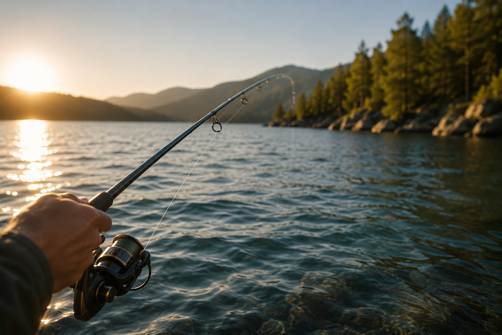 Person fishing by water wearing polarised sunglasses