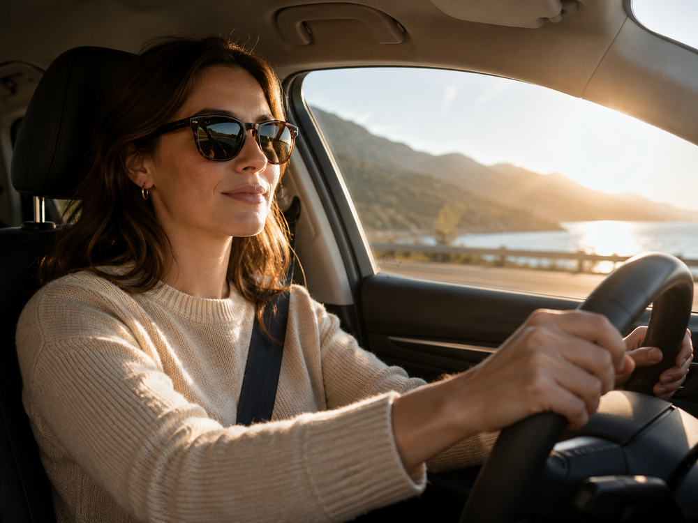 Person driving in bright sunlight wearing polarised sunglasses