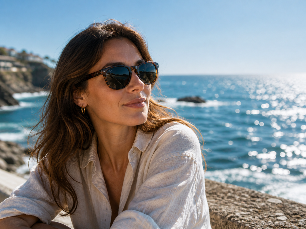 Sunglasses by the sea on a bright day