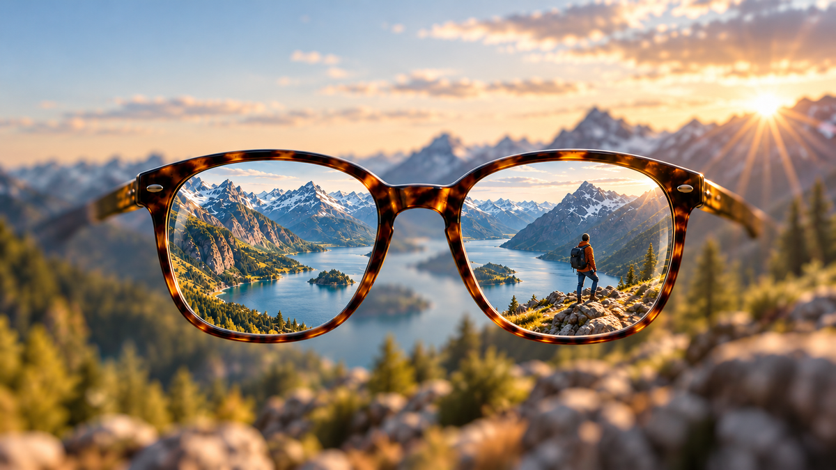 Traveller wearing prescription eyewear in a mountain landscape